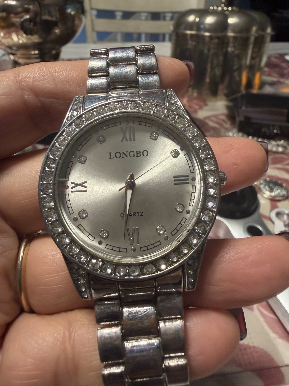 LONGBO Women’s Quartz Analog Dress Watch Silver Metal Bracelet Rhinestone Bezel