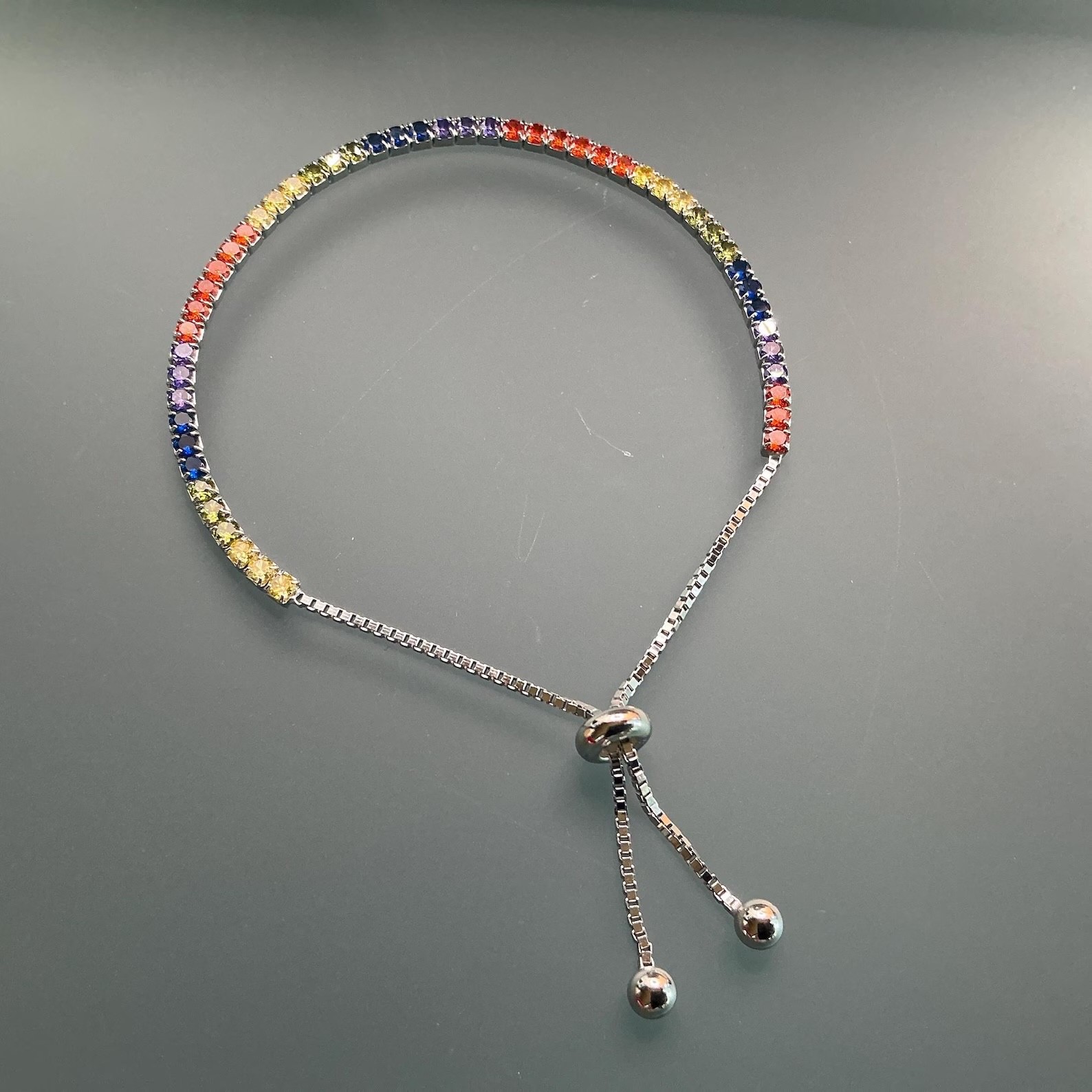 Bolo Tennis Bracelet Rainbow Multi Color Sapphires Adjustable 925 Sterling Silve