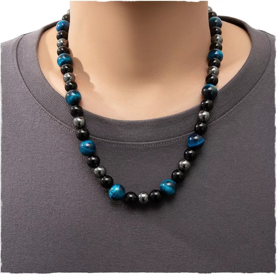 Blue Tiger Eye Men Triple Protection Necklace Hematite Obsidian Necklace 24”