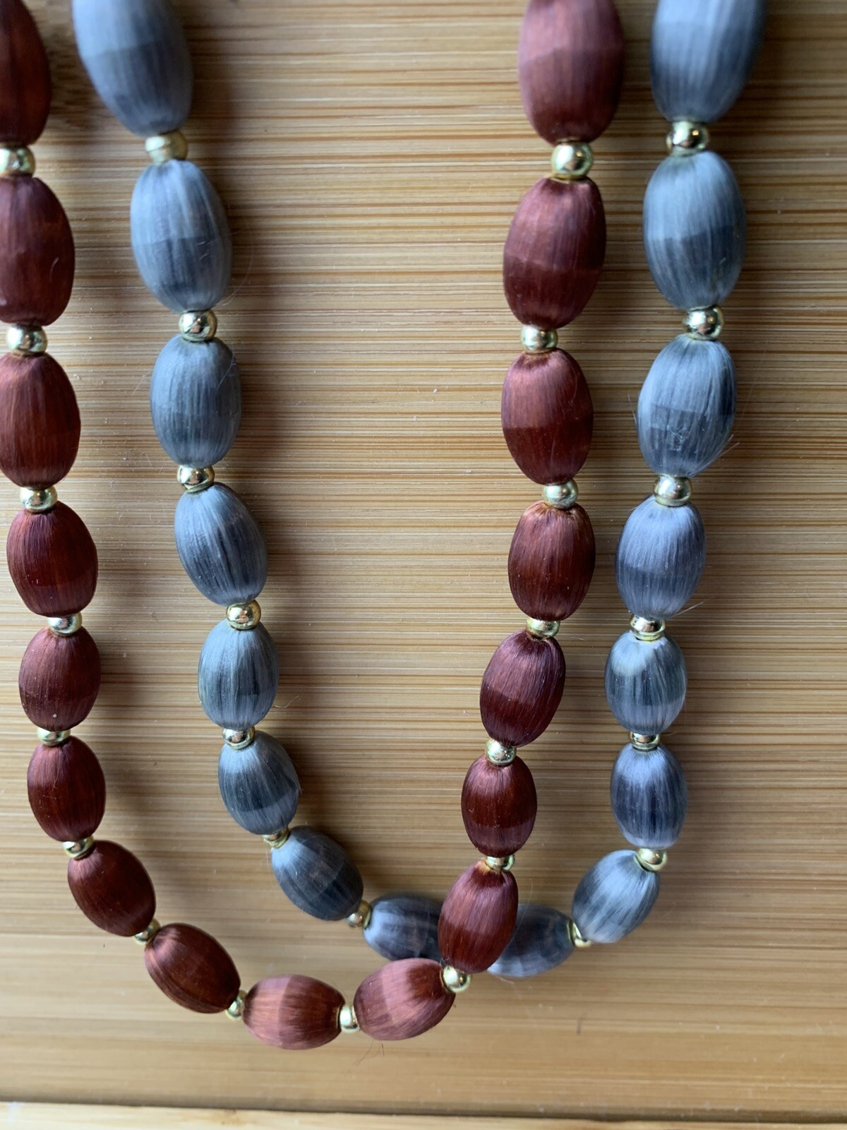 2 Vintage Red and grey Silk Thread Necklaces Wrapped Beads /30 inches