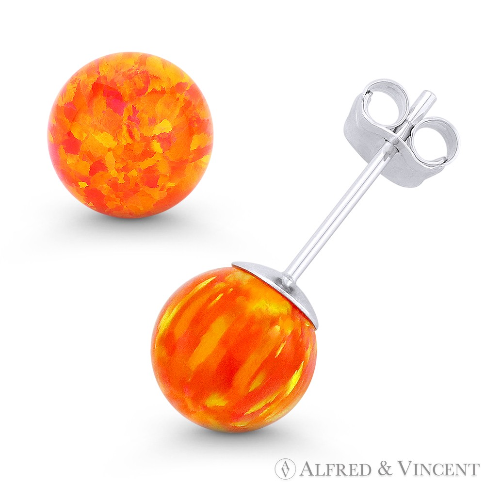Fiery Orange & Red Synthetic Opal Ball Pushback Stud Earrings in 14k White Gold