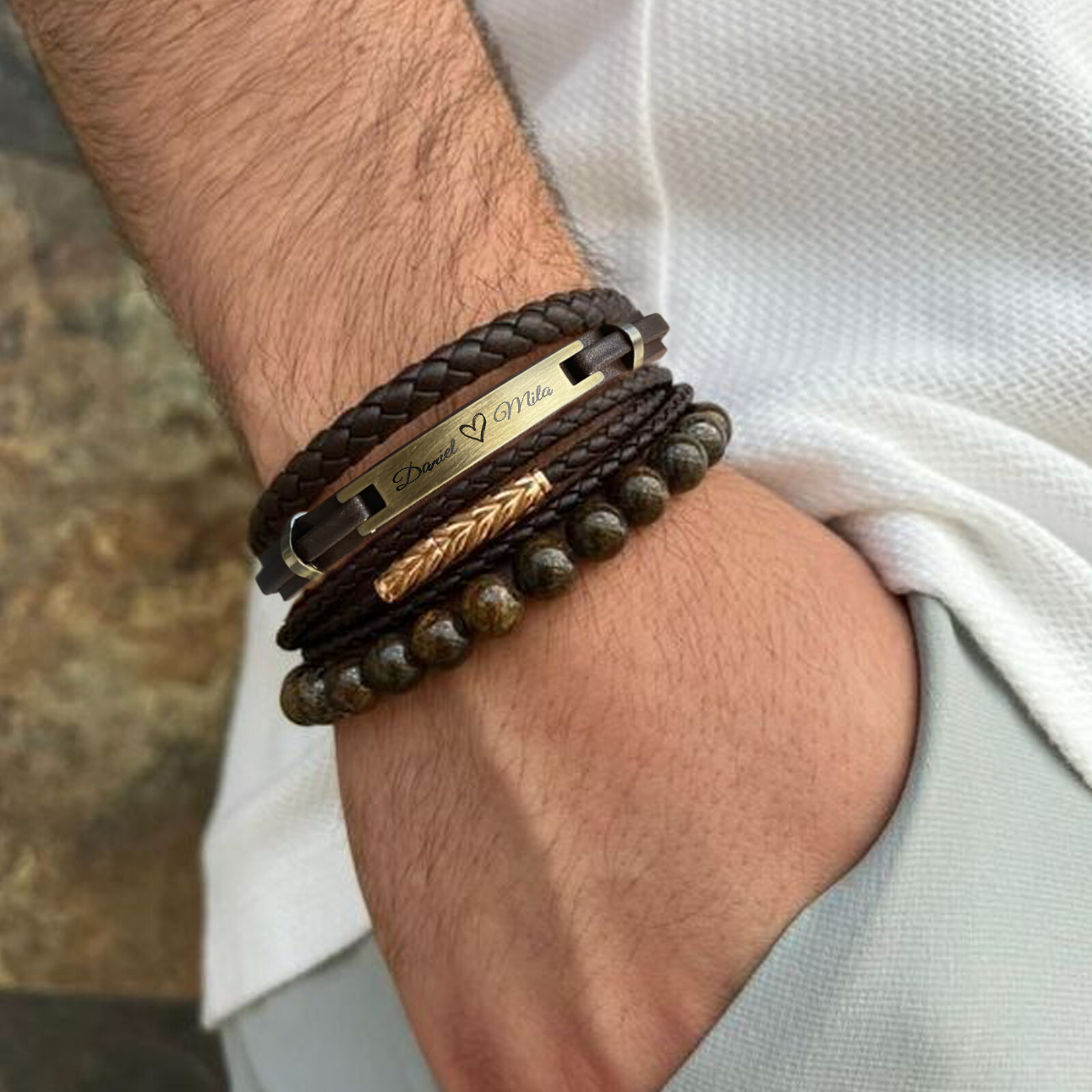 Personalized Engraved Stainless Steel Genuine Leather Bracelet Antique Gold Tone