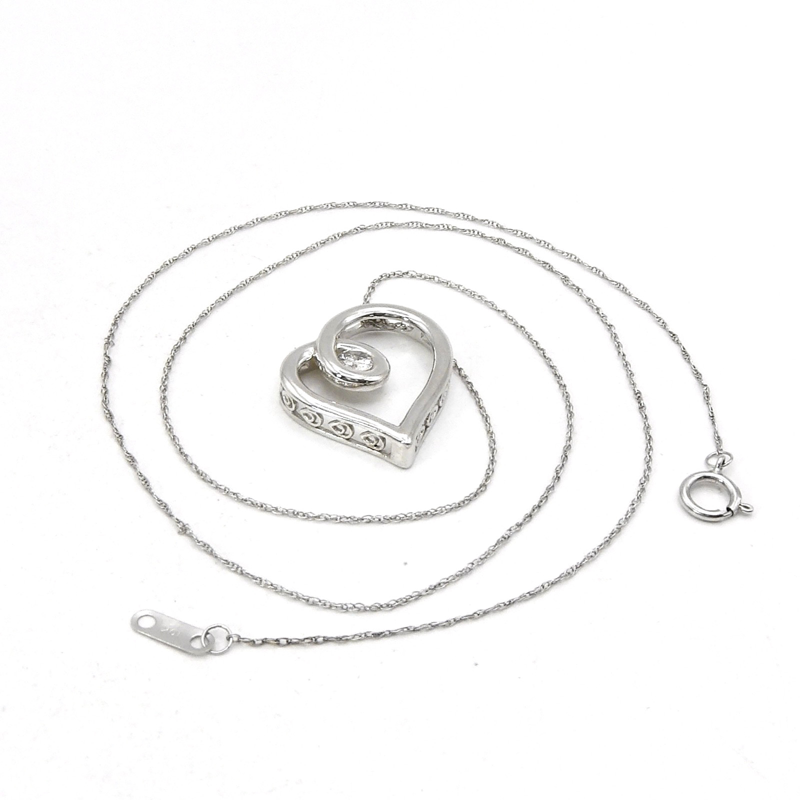 Solid 10k Gold Natural Diamond Freeform Floating Open Heart Pendant Necklace 18″