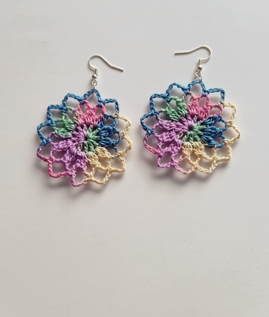 Crochet Earrings, Round , Handmade USA, Brand New, Boho Chic Retro
