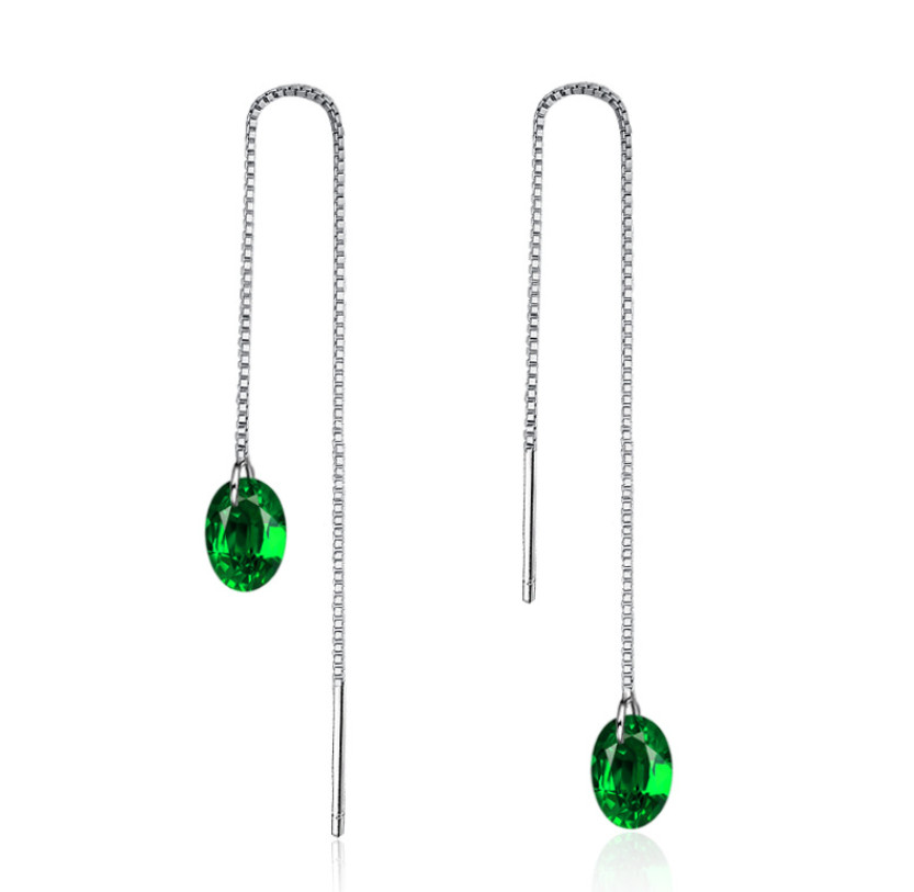925 Sterling Silver Plated Oval Green CZ Threader Dangle Drop Chain Earrings C9