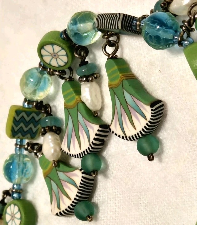 ​Designer Boho Chic Green Millefiori & Pearl Dangle Charm Toggle Bracelet