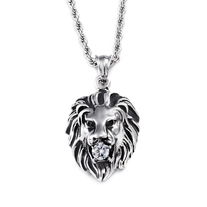 Mens Gift Stainless Steel Cool Lion Head CZ Charm Pendant Rope Necklace chain