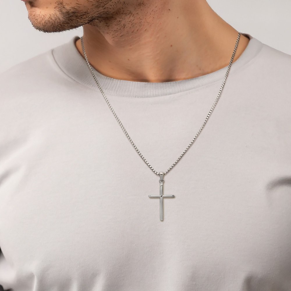 10K Solid White Gold Fleur De Lis Large Tubular Cross Pendant Necklace 35.6mm