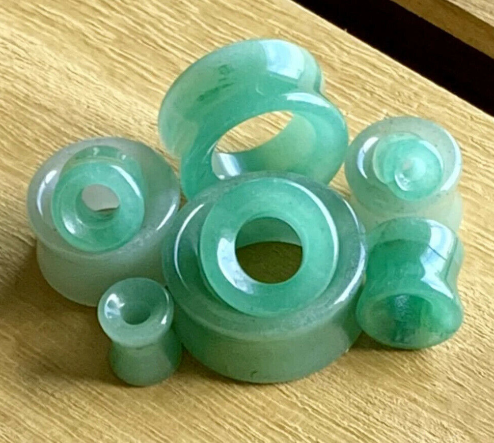 PAIR Green Aventurine Organic Stone Tunnels Double Flare Plugs Earlets Gauges