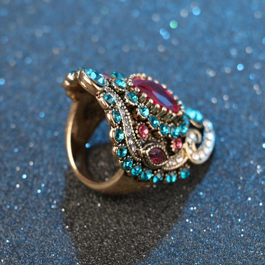 Gold Plated Pink Crystal and Blue Diamond Ring Vintage Women’s Ring Jewelry