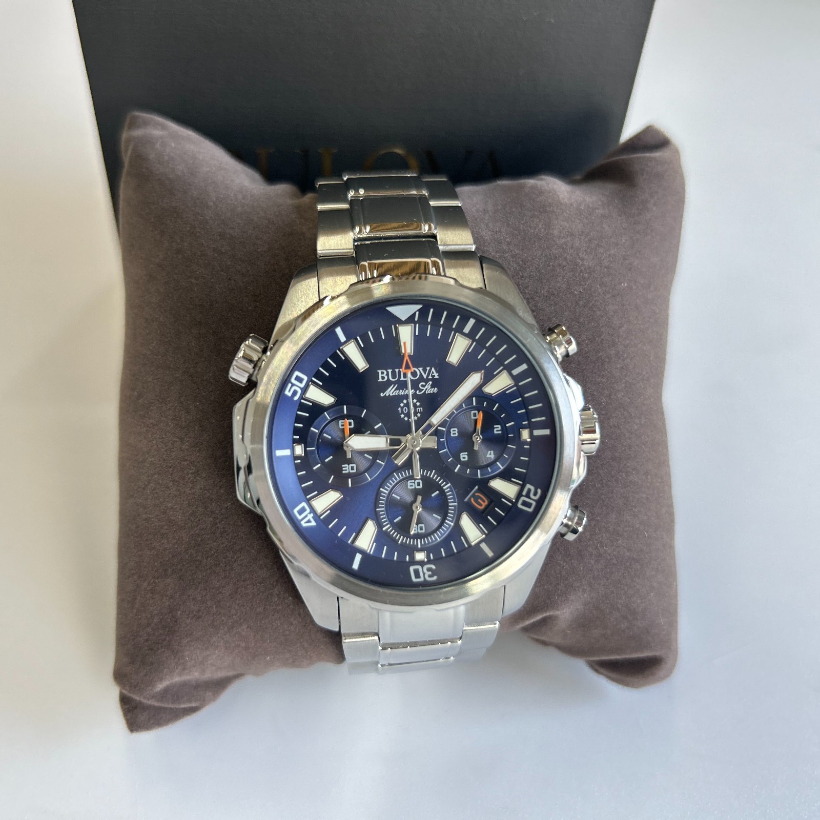 Bulova Men’s Marine Star 96B256 Blue Dial Stainless Chronograph Quartz Watch New