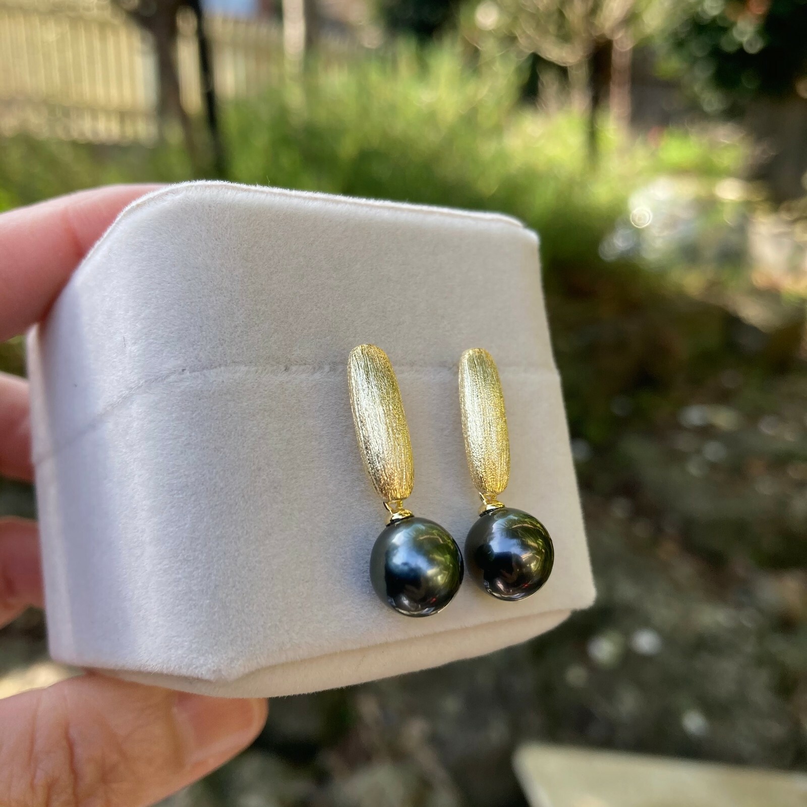 8.5~9mm Black Tahitian Pearl sterling Silver Gold coated 26mm Earring Dangle 184