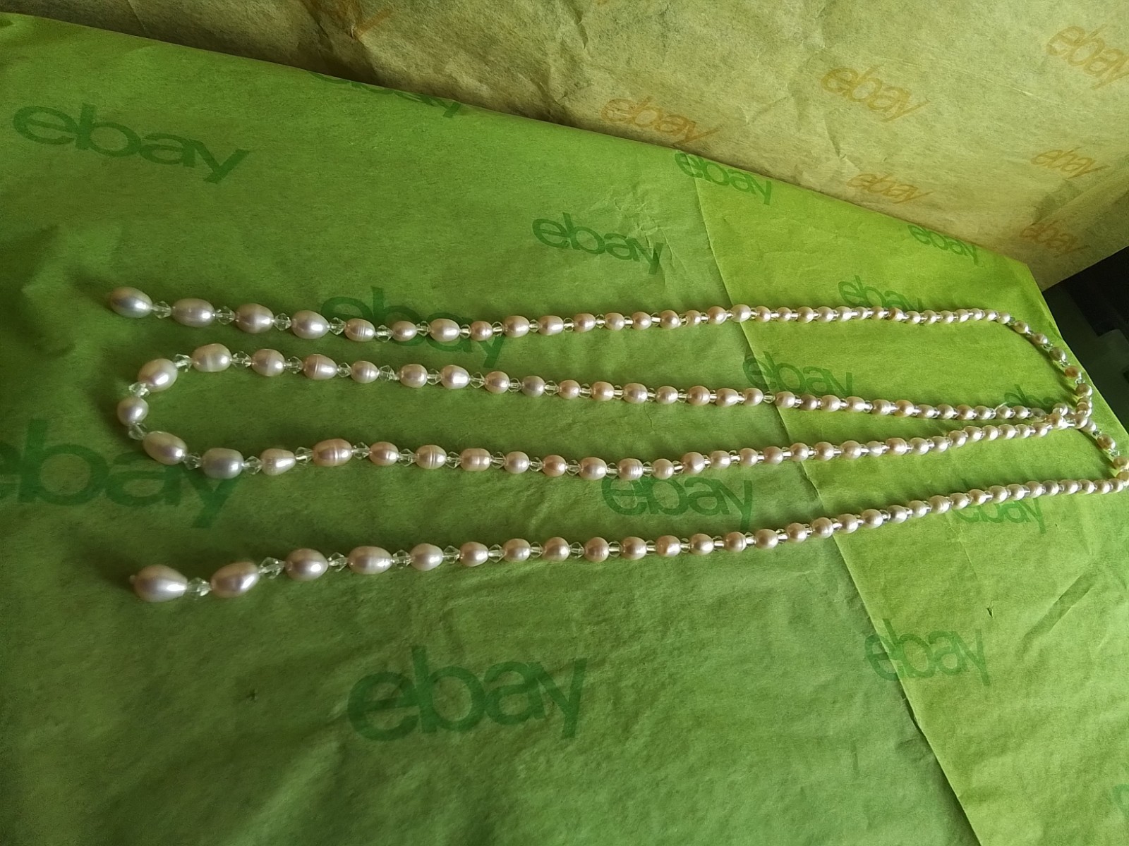 Long Open Ended Bead Necklace, Cultured Pink Baroque Pearls, Clear Crystals, 65″