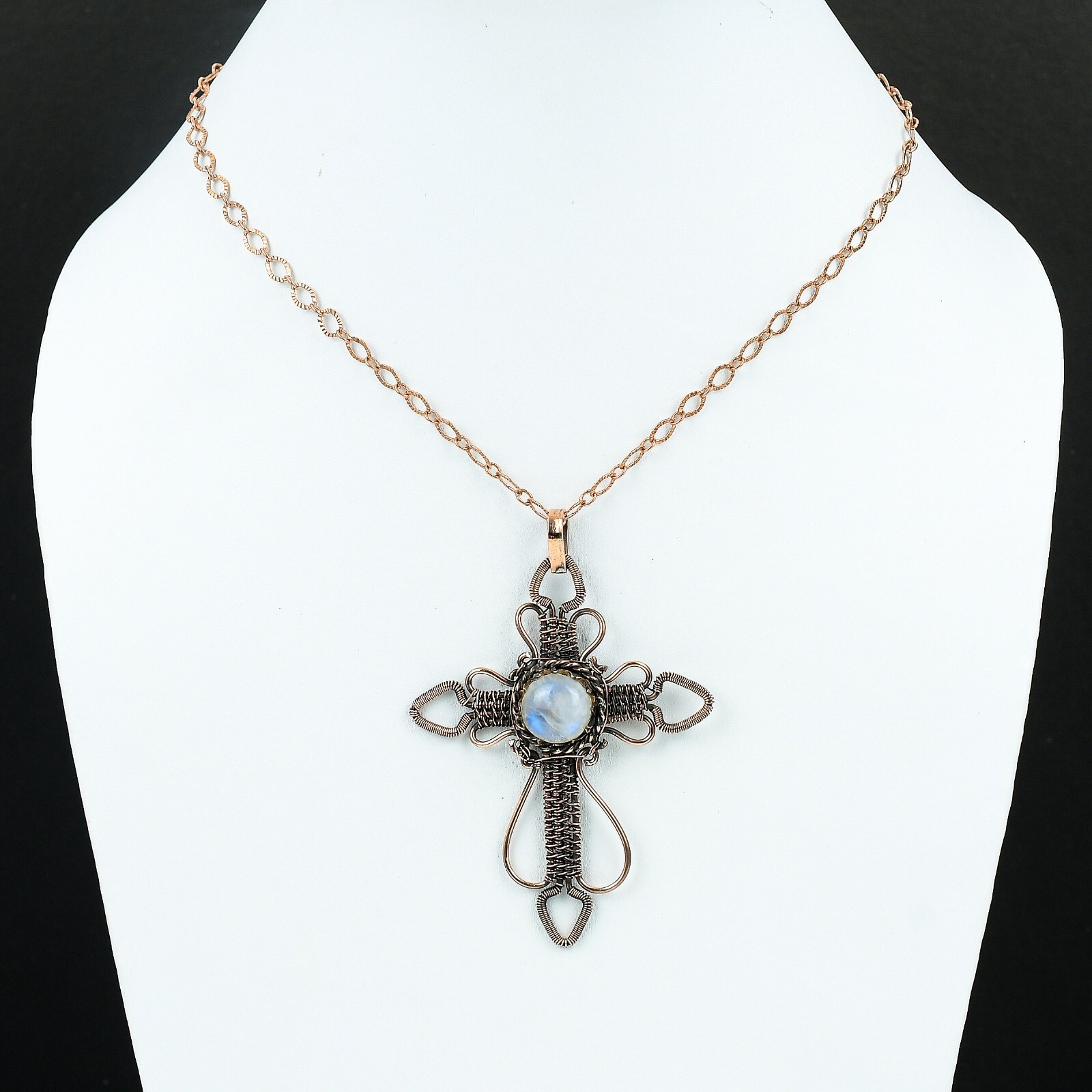 Rainbow Moonstone Copper Gift For Briedsmaid Wire Wrapped Cross Pendant 3.27″