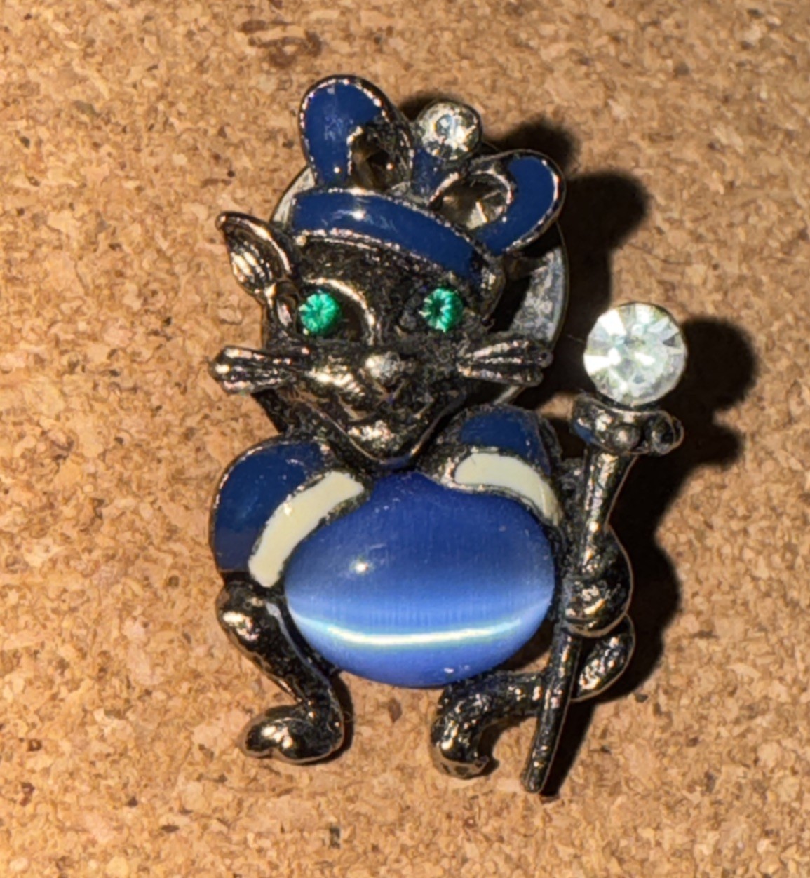 Queen Cat Lapel Hat Pin Royal Scepter Blue Crown Enamel Rhinestones Green Eyes