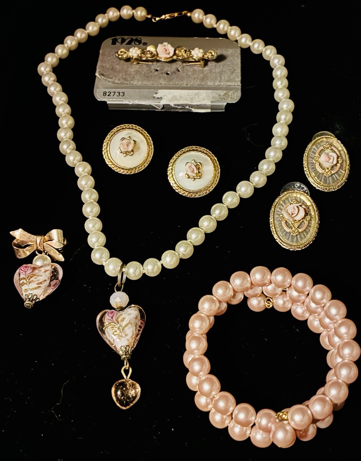Vintage Romantic Jewelry Lot 1928 NOS Brooch Rose Earrings Pearls Necklace Etc