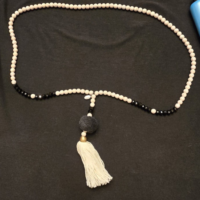 Zacasha White Lava Bead Tassel Necklace White Black Gold Boho Long Bohemian 35″