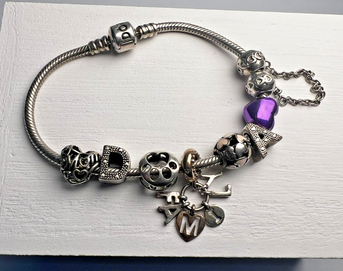 Pandora .925 Sterling Silver Bracelet Marked/Signed with 8 Pandora Charms 35.5g