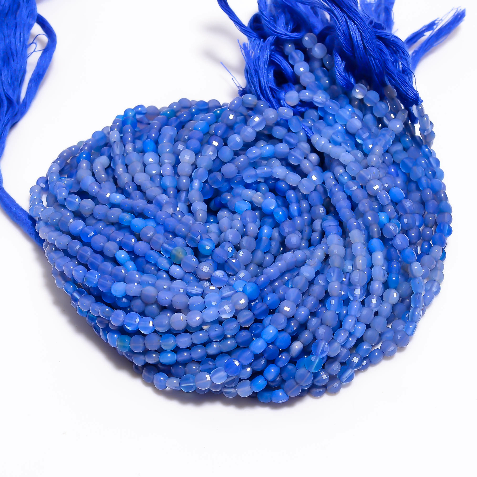 Natural Blue Chalcedony Gemstone Coin Shape Faceted Beads 4X4mm Strand 13″ EB173