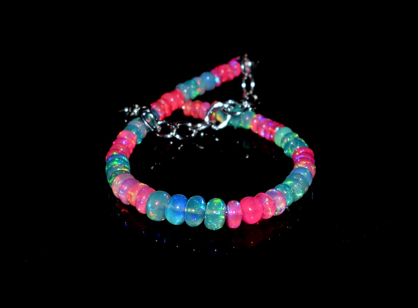 Solid 925 Sterling Silver Natural Ethiopian Opal Gemstone Beads 7″Bracelet N0266