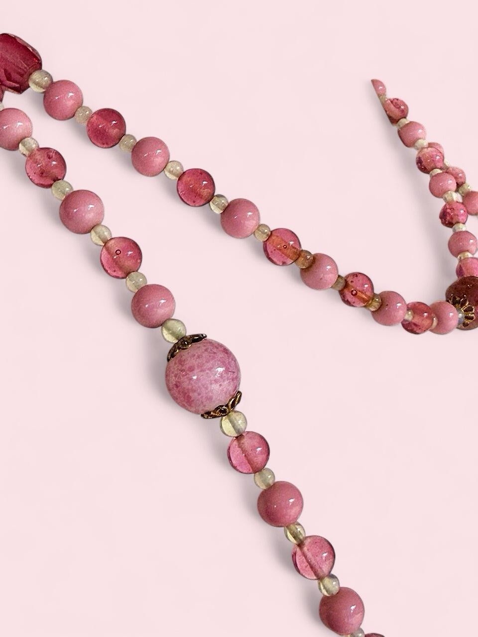 1950s Pink Art Glass Beaded Necklace 48” Hand Knotted Long Flapper Strand 108g