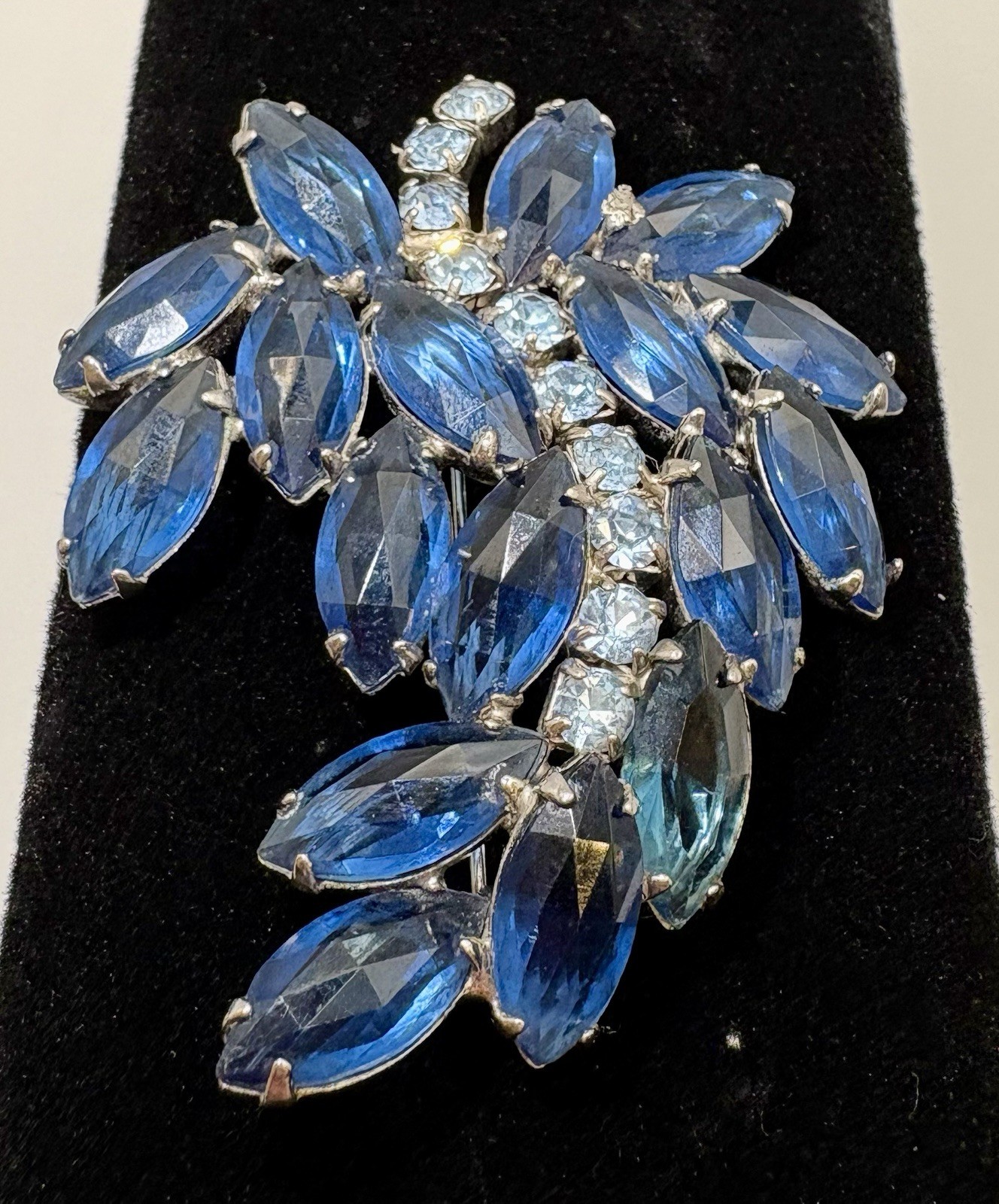 Vintage Blue Navette Rhinestone Brooch Silvertone Floral Spray Juliana Style