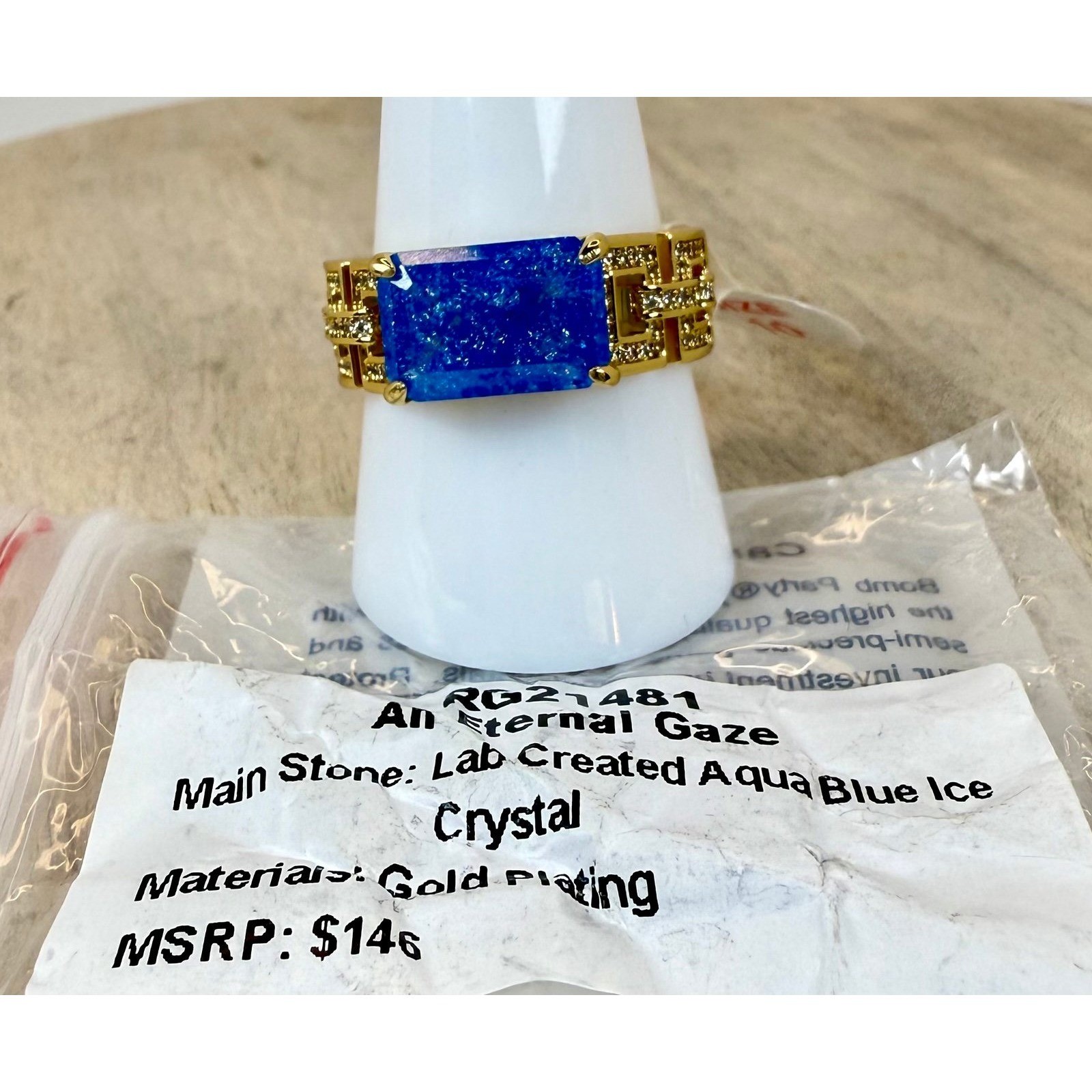 Bomb Party Ring “An Eternal Gaze” Size 10 Aqua Blue Ice Crystal Gold