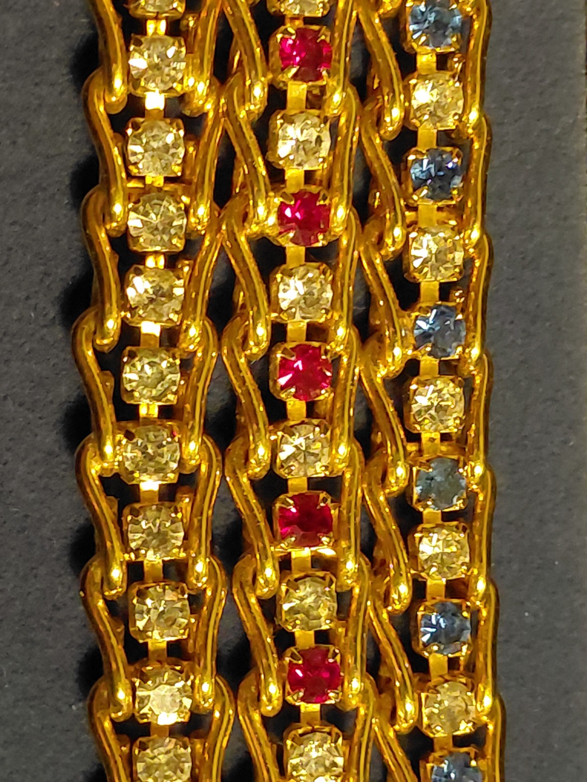 Lot of 3 Contemporary Goldtone Red, White/Clear & Blue Rhinestone 7.5″ Bracelets