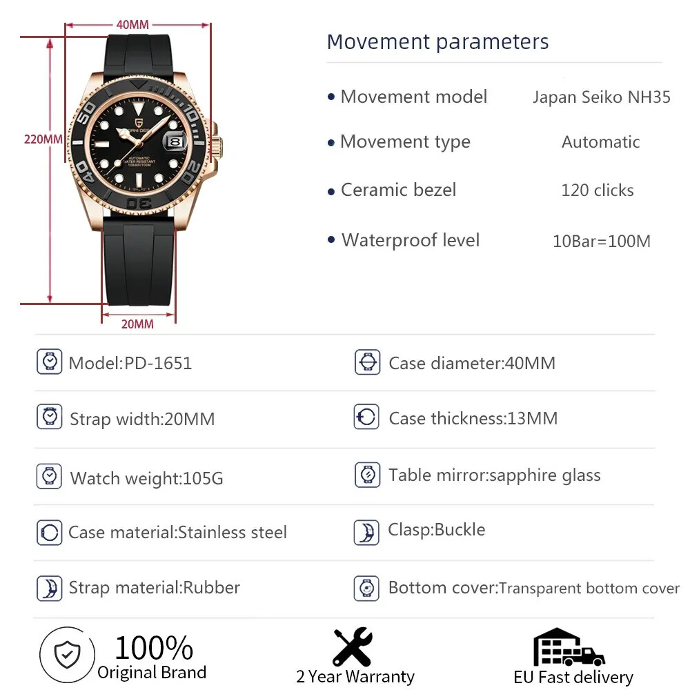 PAGANI DESIGN PD-1651 Men Mechanical Wristwatch Stainless Steel Waterproof