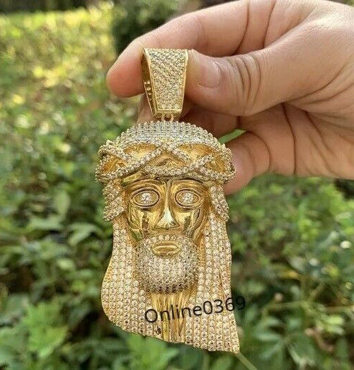 Real Moissanite Men’s 3D Jesus Head Charm Pendant 925 Sterling Silver