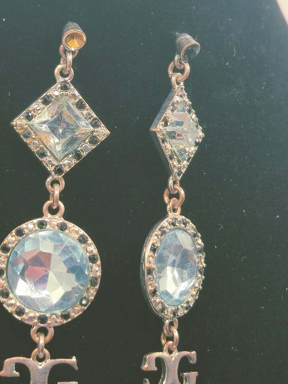 Guess Silver Tone Triple Drop Crystal Logo Earrings