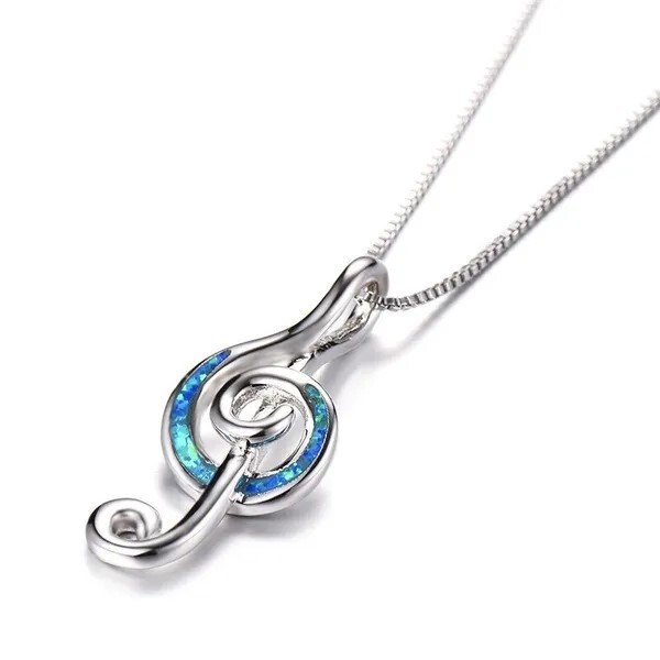 Silver Blue Opal Music Note Necklace Violin Piano G-Clef Treble Clef