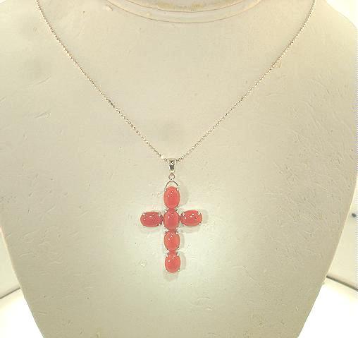 22.5MM SOLID 14K WHITE GOLD 6.18CTS ITALIAN RED CORAL OVAL BEAD CROSS PENDANT