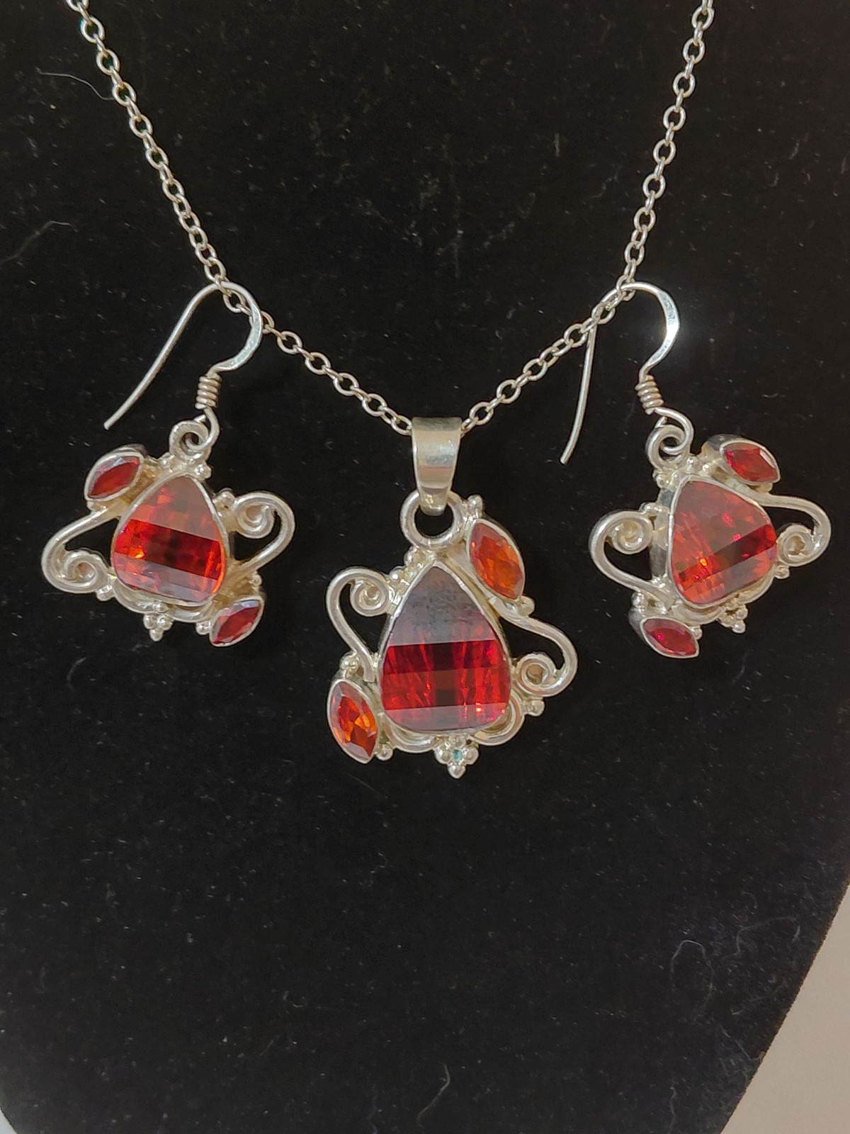 Hessonite Garnet Necklace And Earrings Artisan Set: Sterling Silver 925 W/ 19g