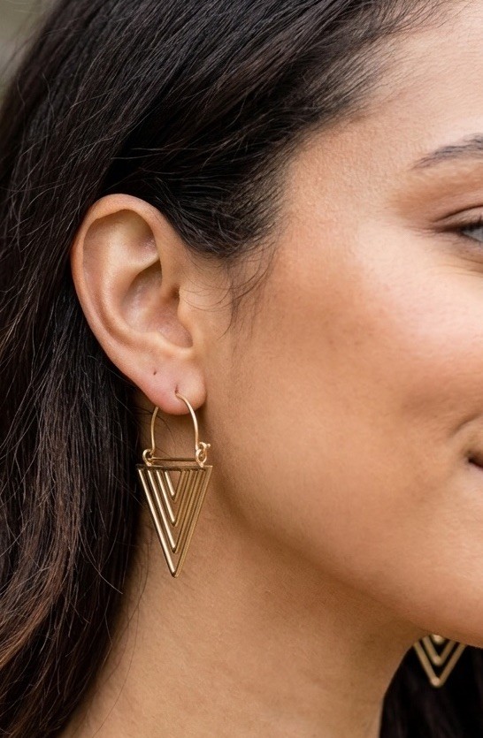 Gold Tone Geometric Triangle Hoop Dangle Earrings – Hook Closure No Stone