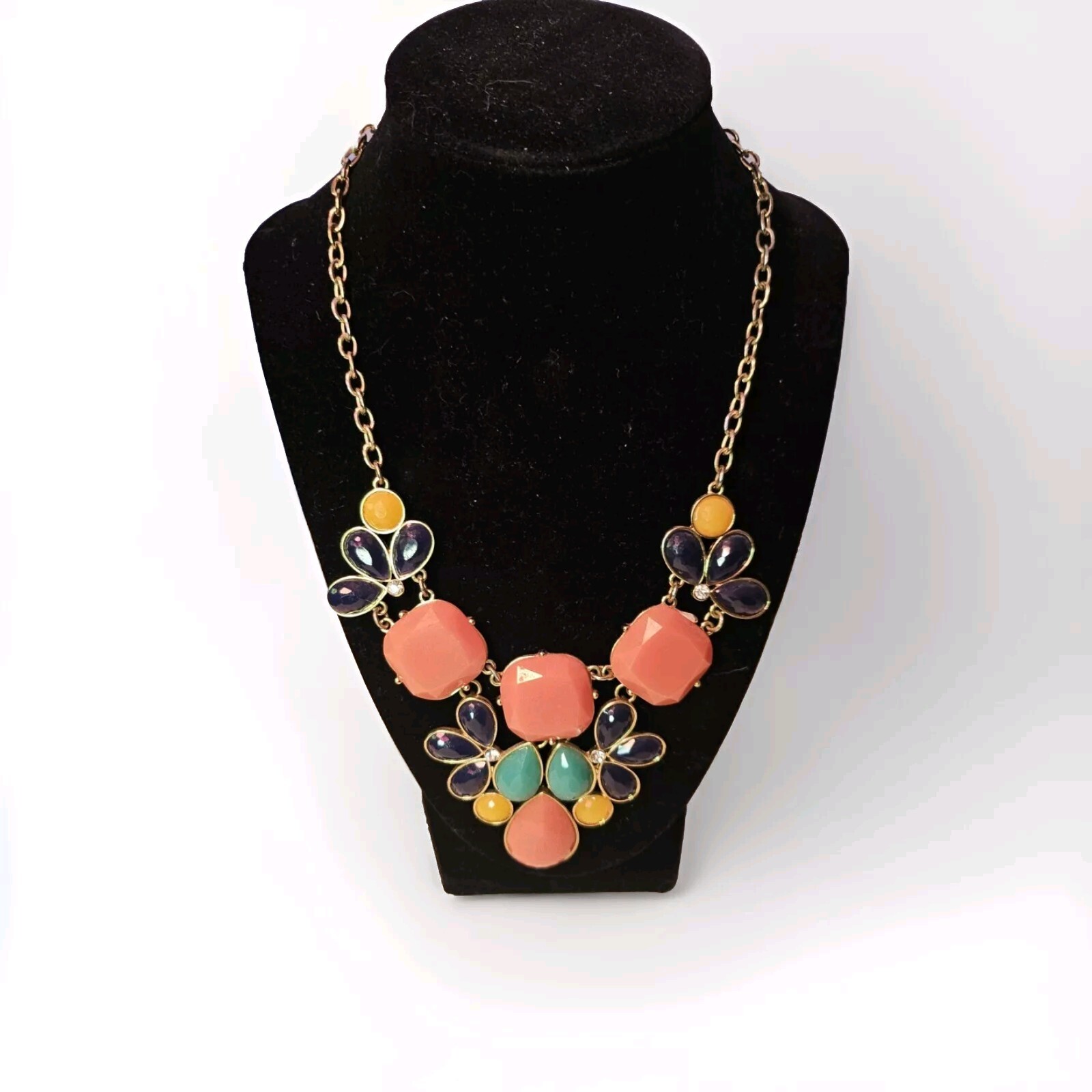 Womens Floral Necklace Coral, Aqua, Blue, & Yellow 11.5″ Long Costume Jewelry