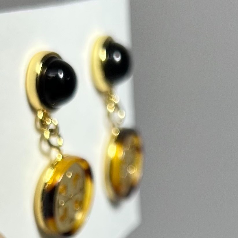 Tory Burch Gold Black Tortoise Double T Logo Resin Drop Dangle Post Earrings New