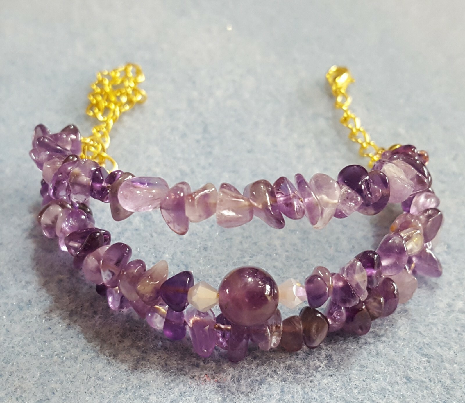 Genuine Amethyst gemstone 3 row gold plated bracelet 7-10 inches long