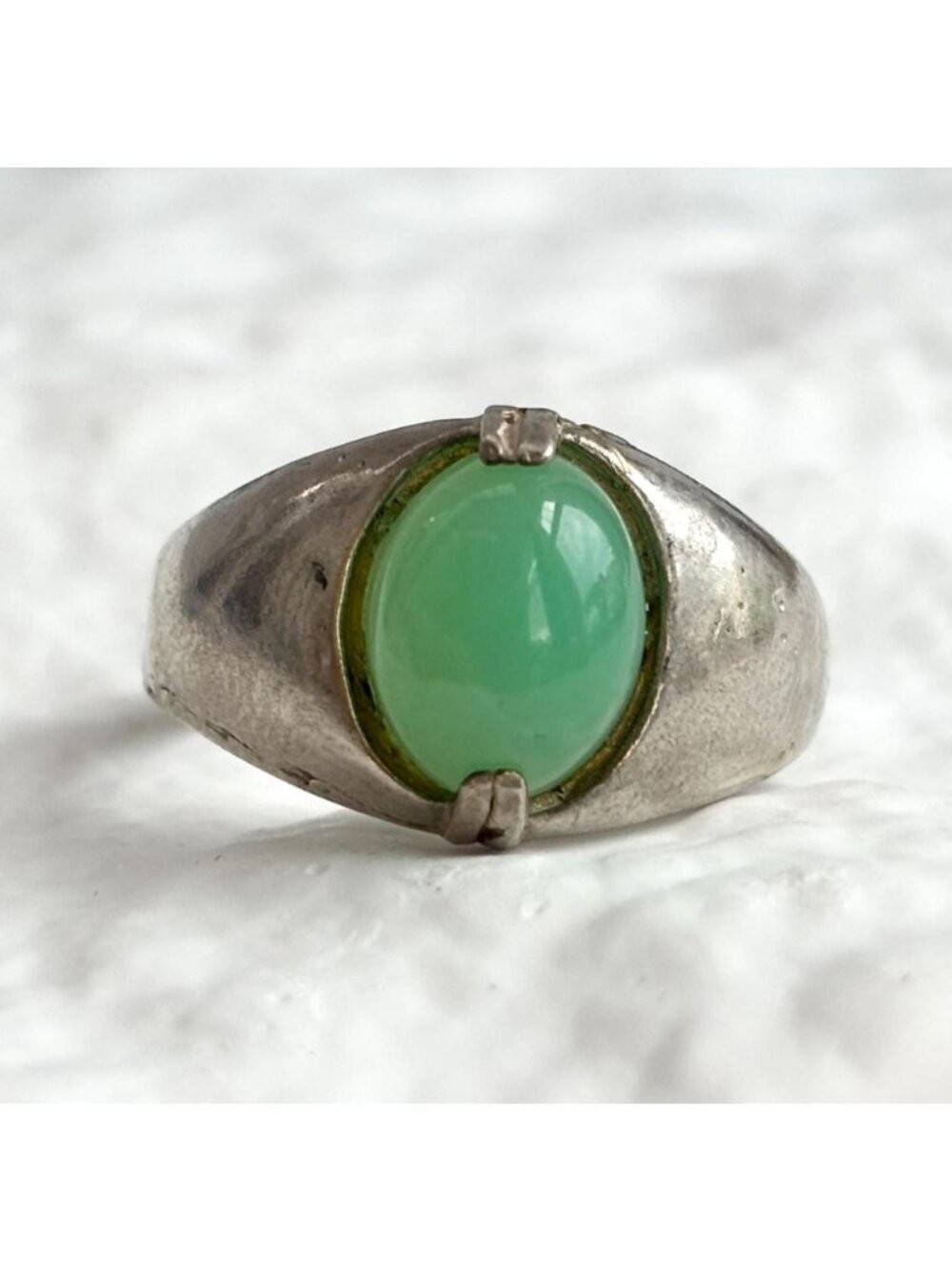 Green Chrysoprase Cabochon Oval Sterling Silver 925 Vintage Ring – sz 9.25
