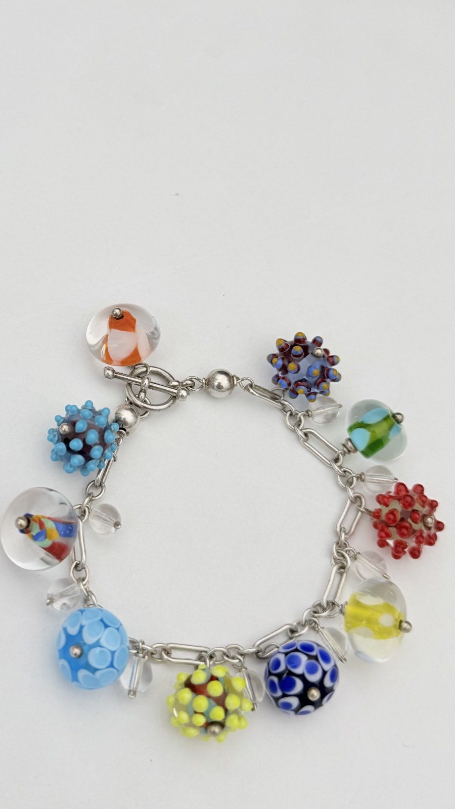 Sterling Silver Lampwork Glass Charm Bracelet 7.5” 35.4g Murano Style