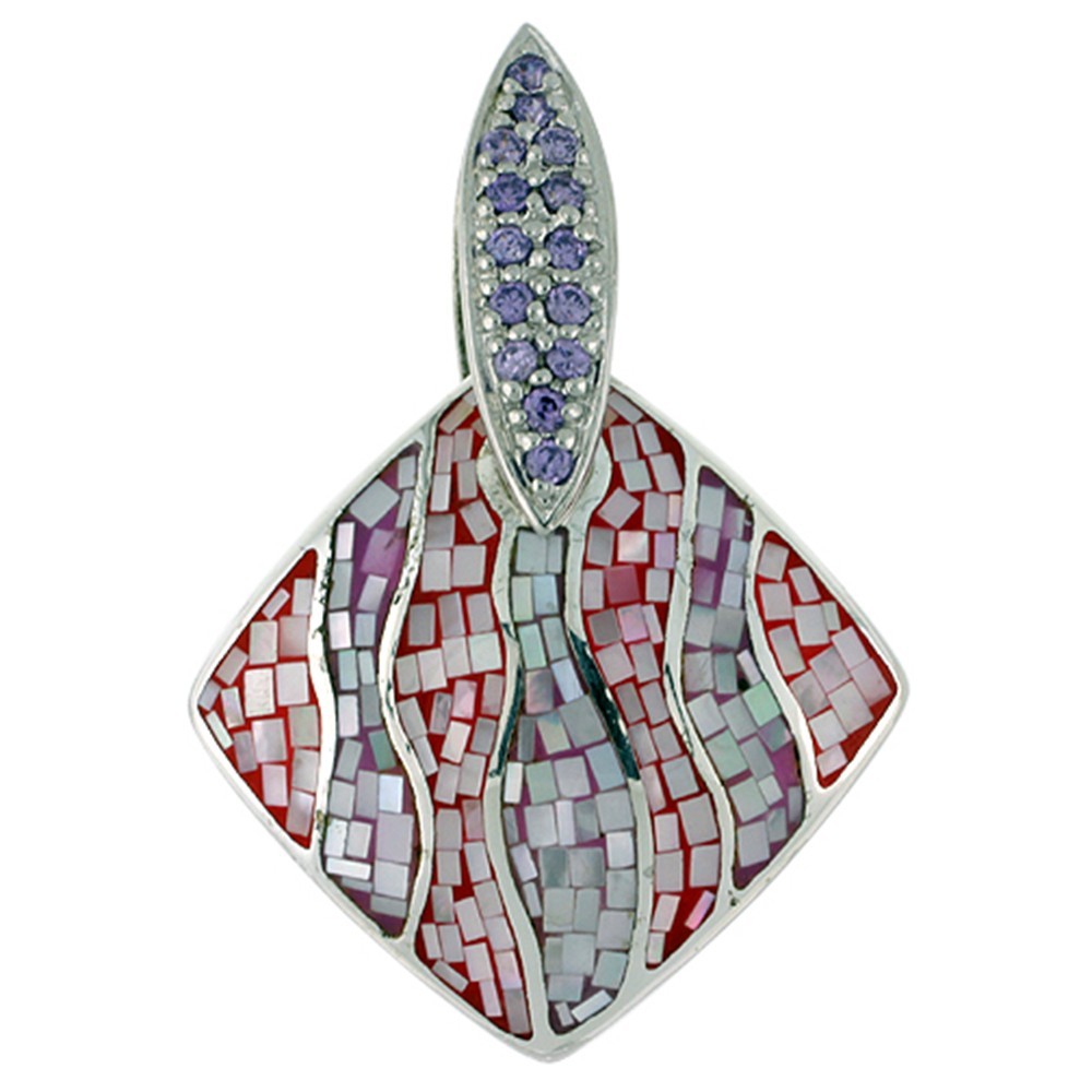 925 Sterling Silver Natural Shell Mosaic CZ Rhombic Pendant 1 11/16 (42mm) Inch