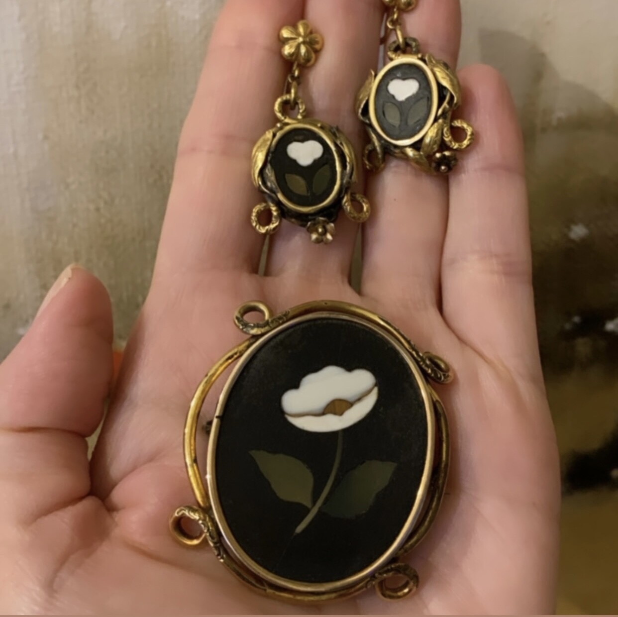 Antique 12Kt Gold Filled 19th Century Pietra Dura Brooch & Earrings Suite