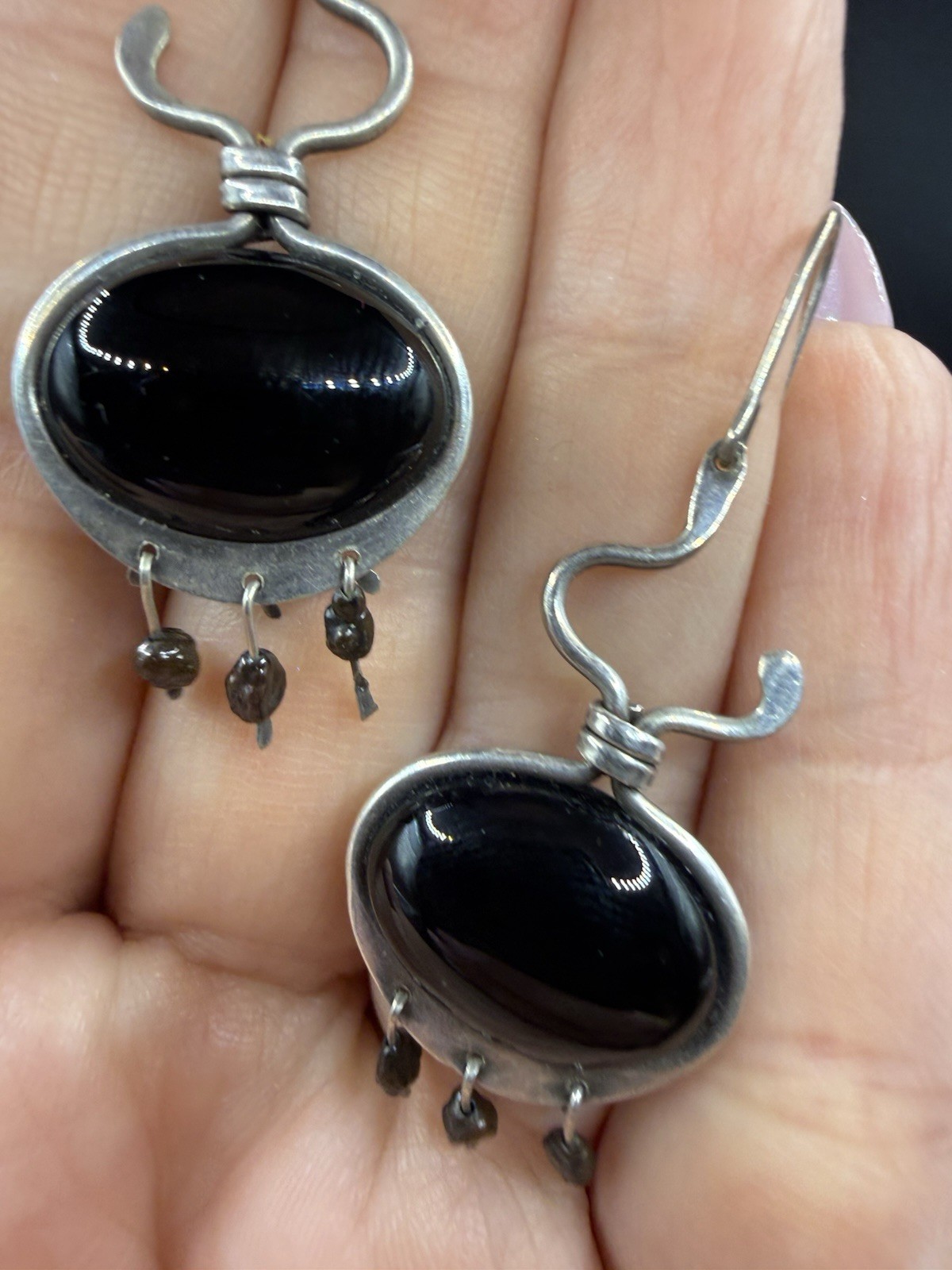 Black Onyx Dangle Ellipse Cabochon Silver Drop Earrings