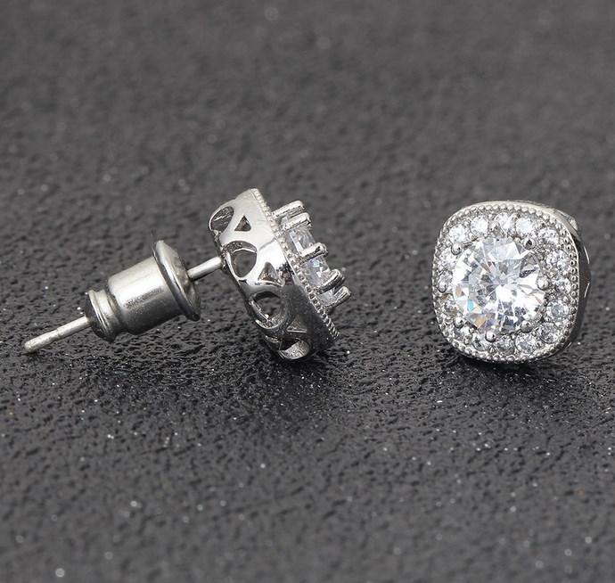 925 Sterling Silver Post Square Round CZ Stud Earrings Gift S1