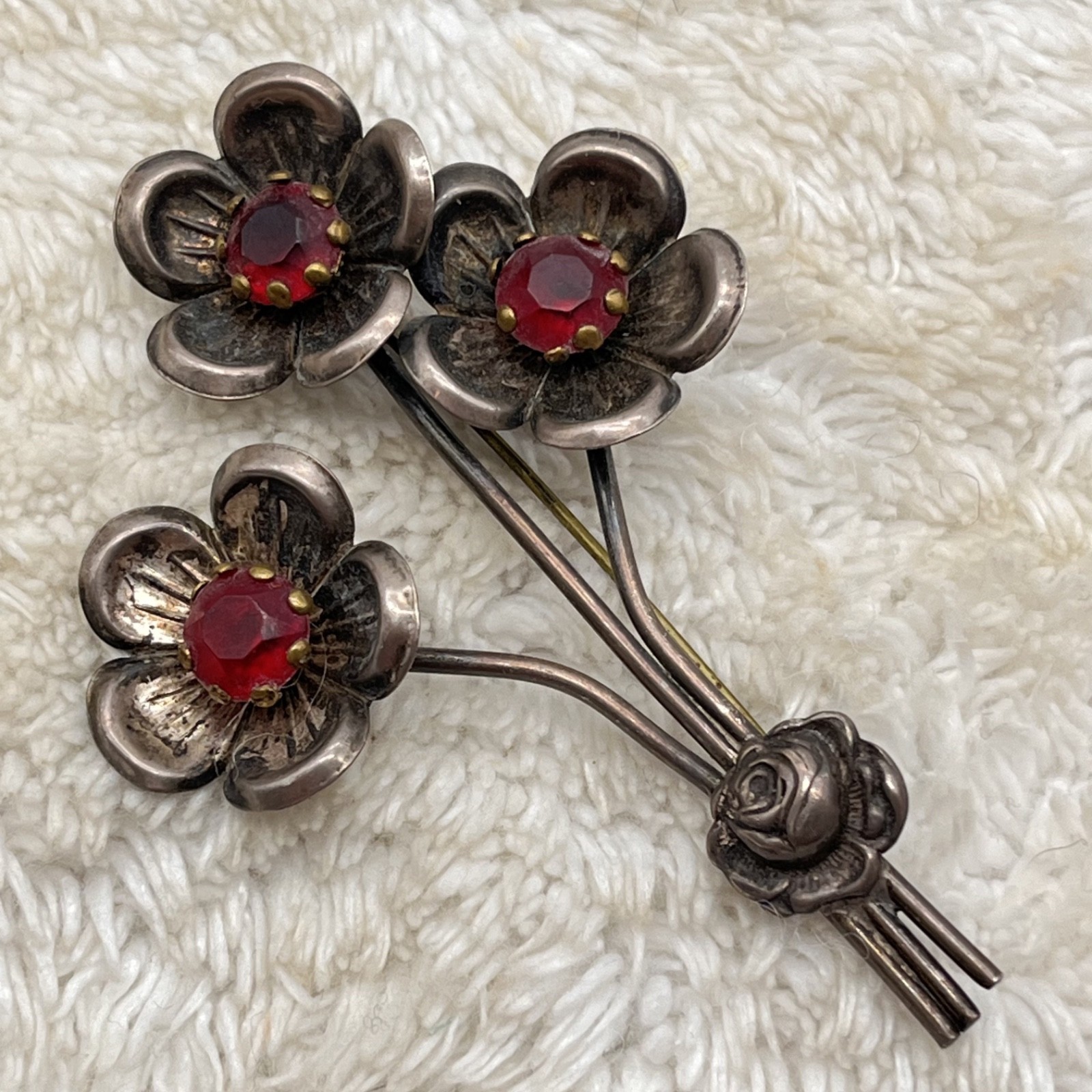 Vintage Flower Brooch Pot Metal Red Rhinestones Prong Set 3.25″