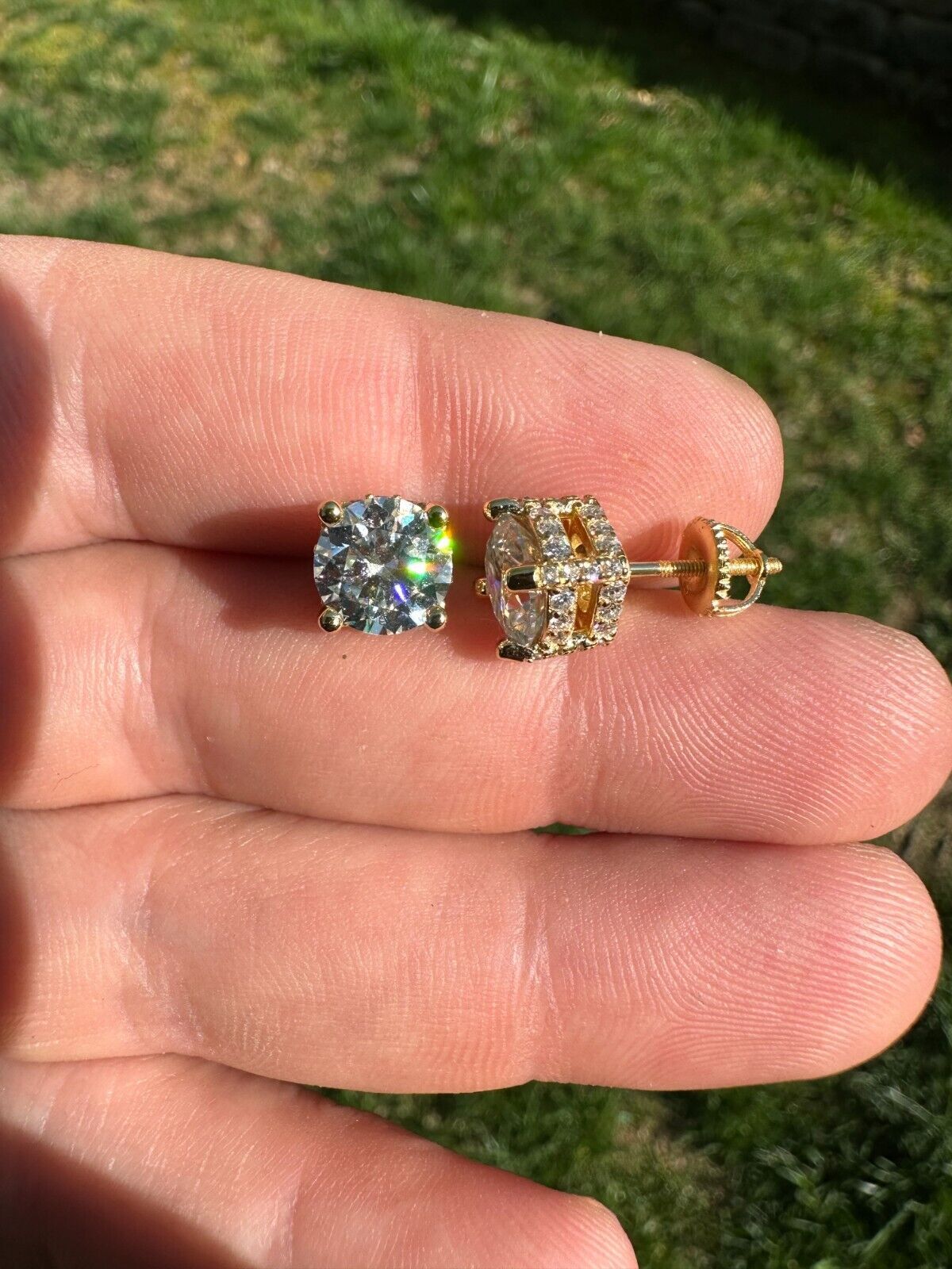 Moissanite 3D Iced Solitaire Screwback Stud Earrings Real 14k Gold Plated Silver
