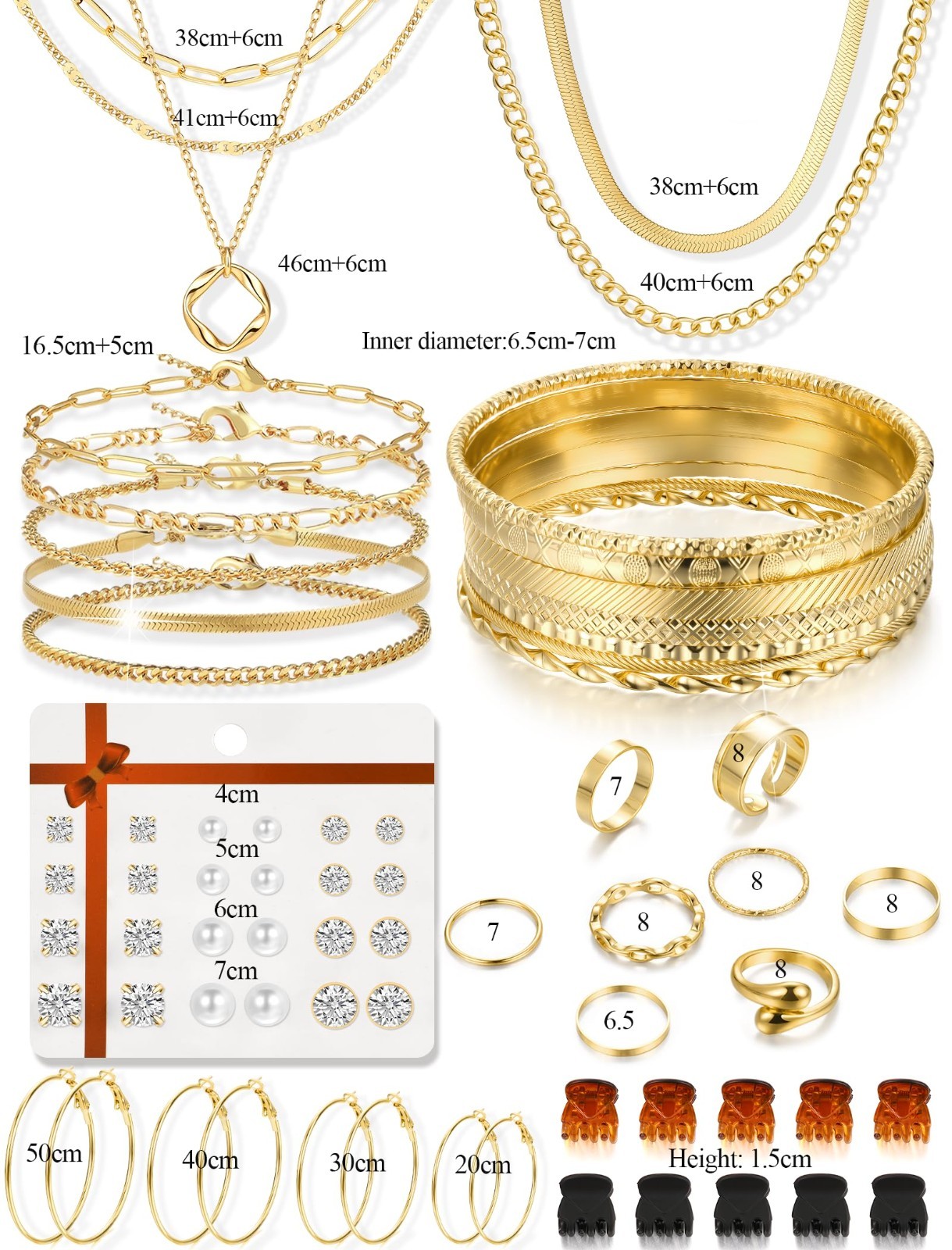 56 Pcs Gold Jewelry Set for Women – Layered Necklaces, Bracelets, Earrings & Rin