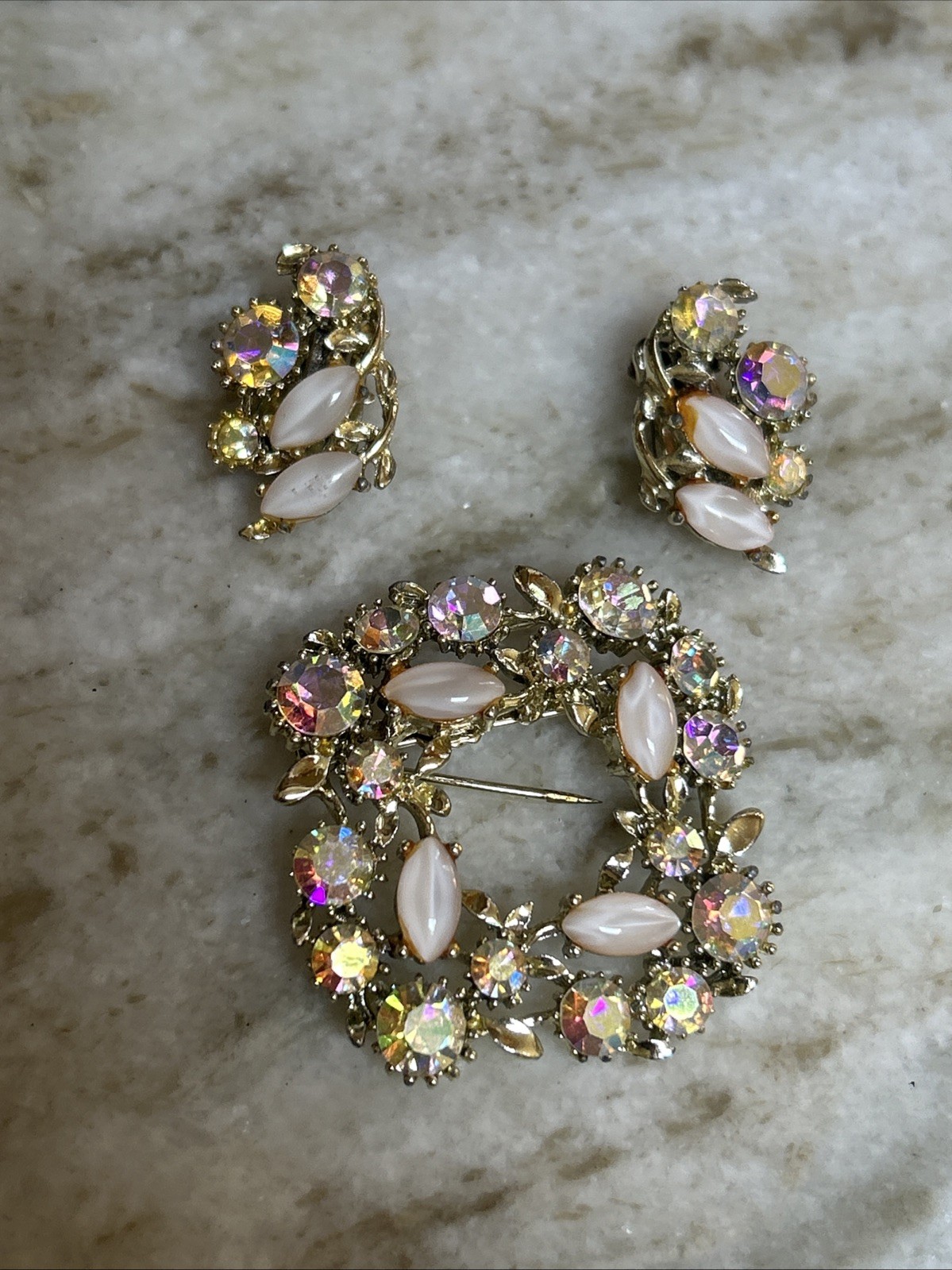 Vintage Sherman Pink AB Rhinestone Tiered Brooch Pin& Earrings Set