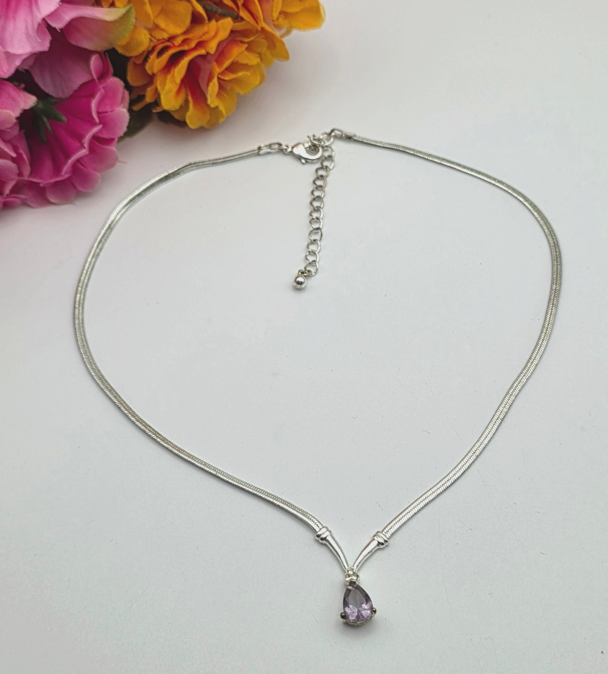 Purple Teardrop Crystal Pendant Necklace Silver Tone Omega Chain Avon 18.5 in