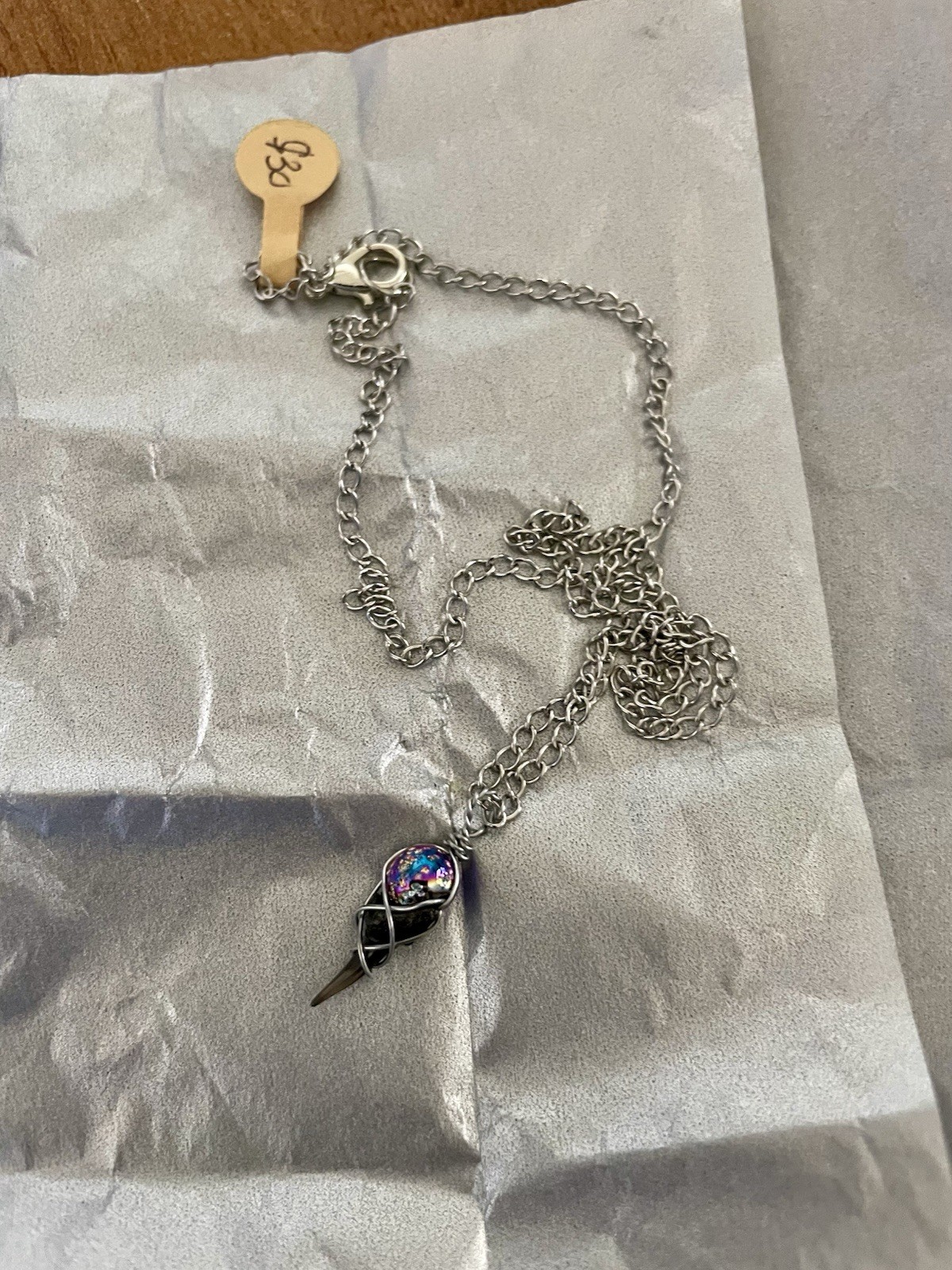 Handcrafted Silver Tone Wire Wrap Amulet Necklace, Round Multicolor Stone